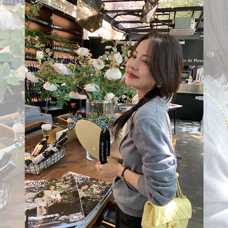 LICKYSENIOR spot V-neck embroidered wool knitted top women's spring design long-sleeved cardigan jacket