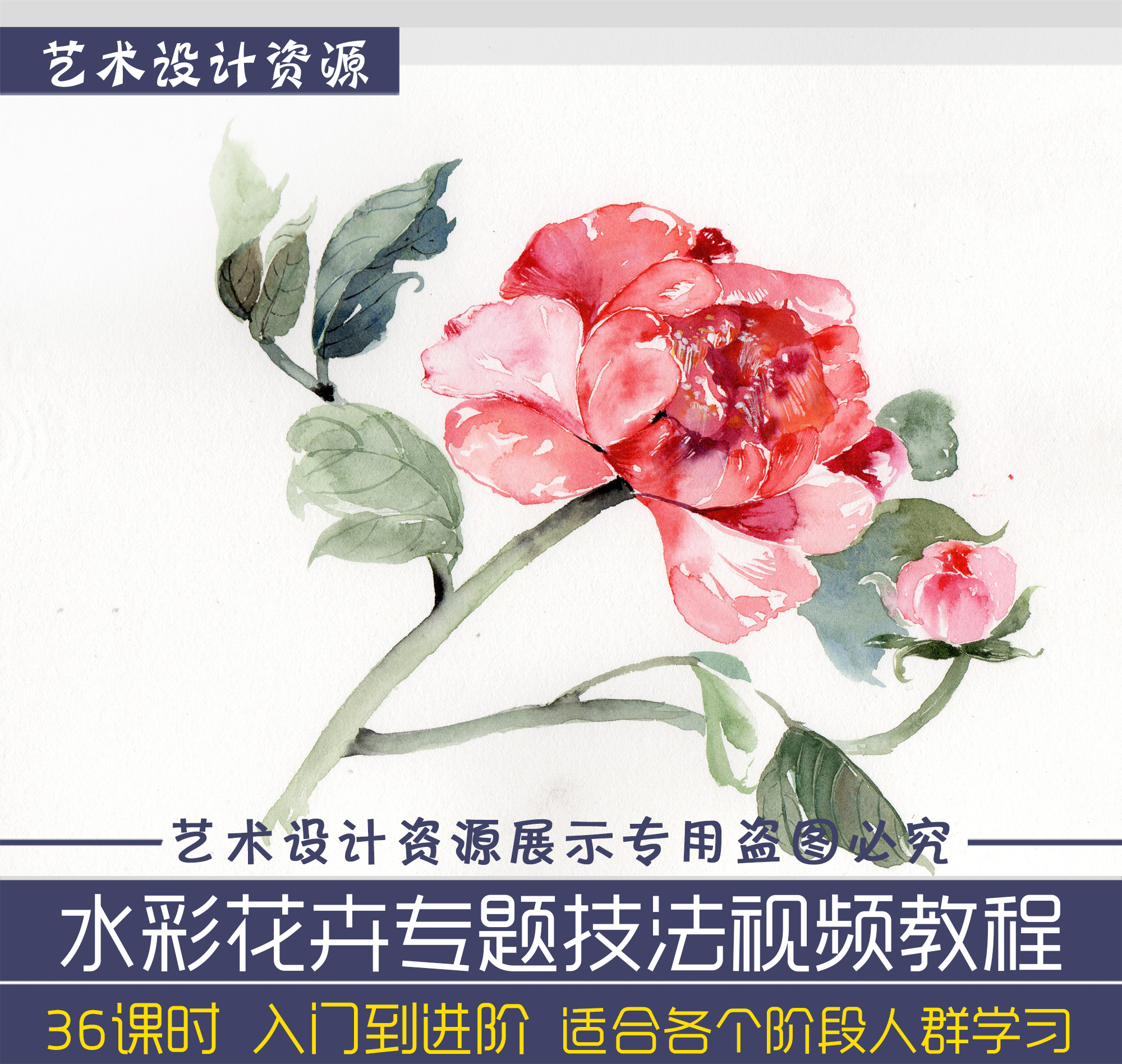 Watercolor flower technique thematic video tutorial Ancient freehand pen light color full set of zero-based introduction