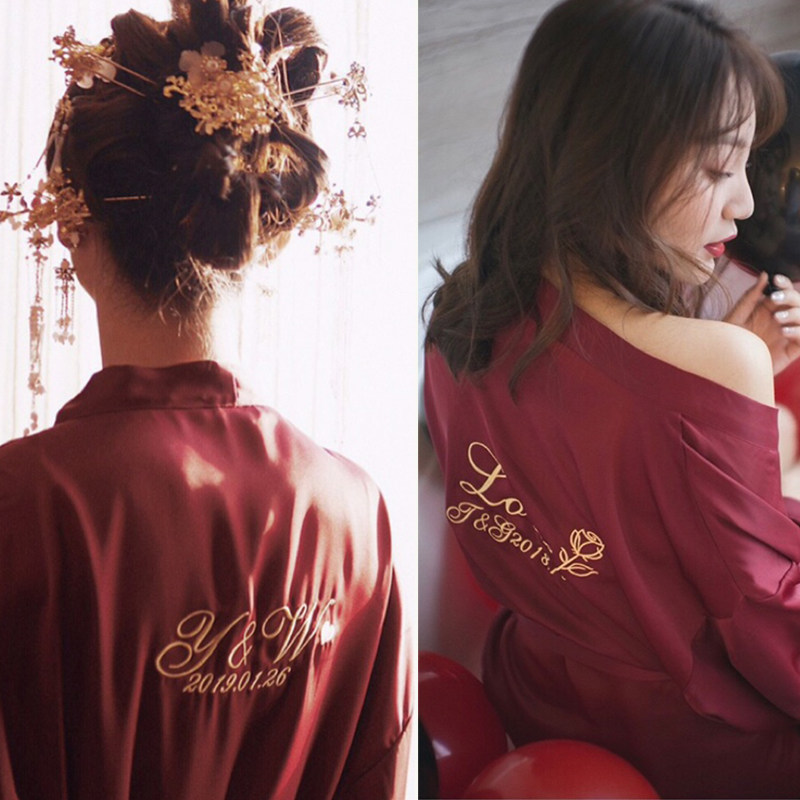 Morning robe bride red dressing robe bathrobe wedding dressygown sister pajamas party bride spring summer