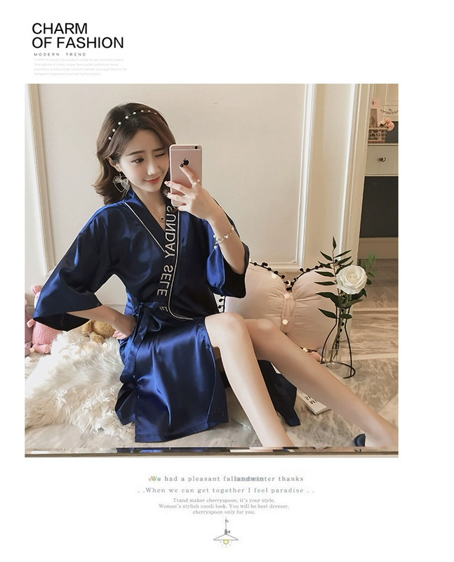 Sexy đồ ngủ mùa hè của phụ nữ ngắn tay Nhật Bản retro ren robe phần mỏng băng lụa áo choàng tắm dài dịch vụ nhà đồ ngủ 2 dây