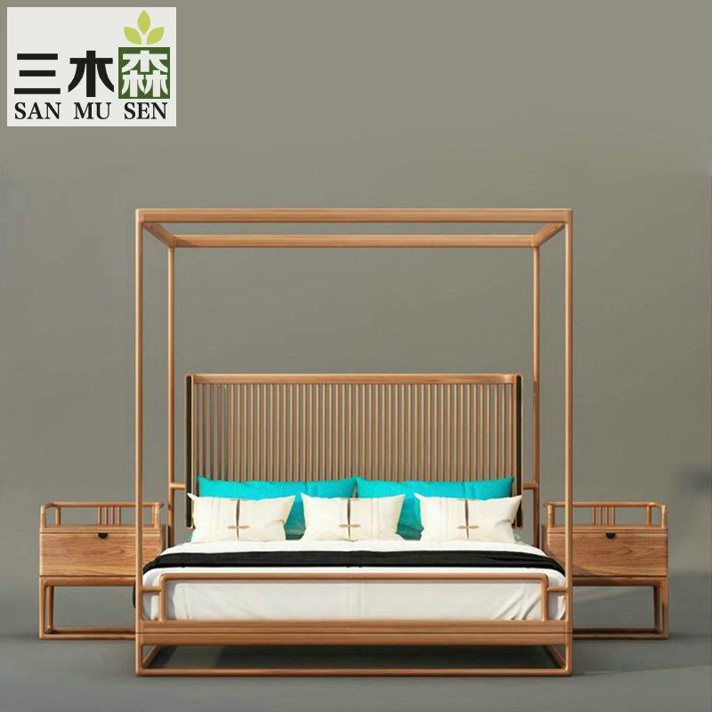 New Chinese shelf bed 1 8m solid wood double bed classical bedroom wedding bed hotel Zen four pillars 1 5m