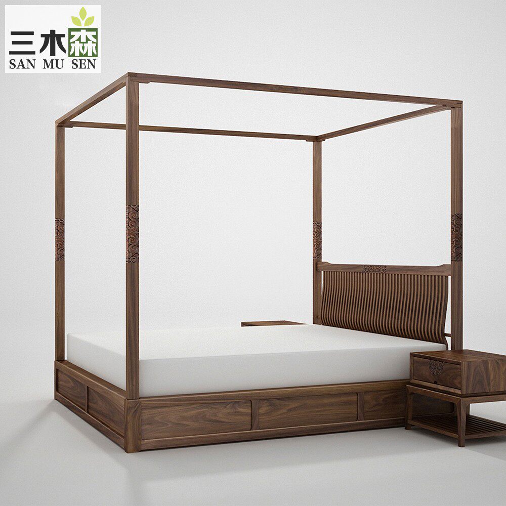 New Chinese solid wood shelving bed 1 8m light and luxurious Chinese wind retro master bedroom with black walnuts imitation ancient four columns Zen Serie bigot