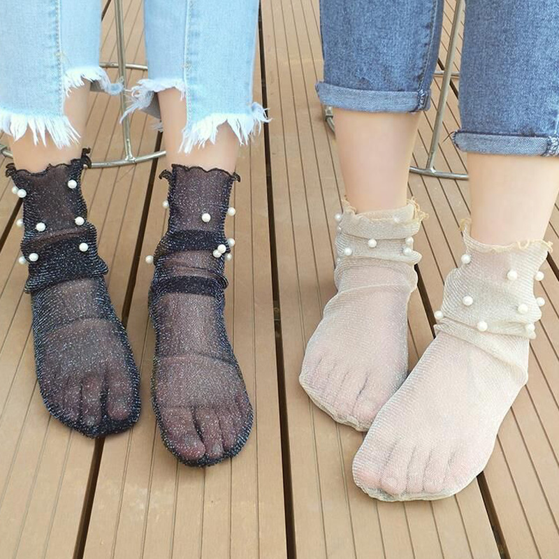Stockings women's thin summer socks shallow mouth Korean cute summer sports thin mesh beaded bubble socks