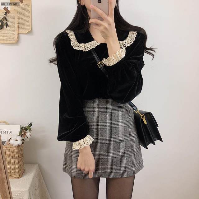 ເສື້ອ LaceLapelLongSleeveVelvetShirt Lace Lapel Long Sleeve Velvet Shirt