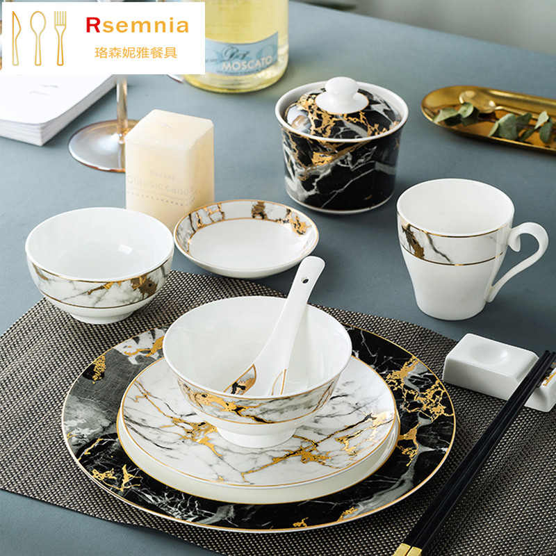 Rsemnia Jingdezhen Ins creative home Ceramic Bowl Pan Spoon Dining Bowl Sweet Bowl Porridge Bowl Large Soup Bowl Single Beat