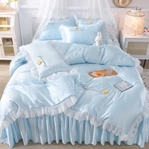 Flower fairy washed silk four-piece set bed skirt girl heart small fresh princess wind summer cold silky naked sleep