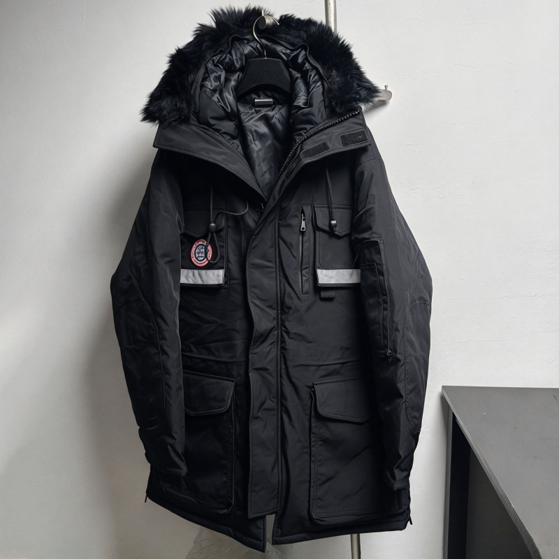 Vtm Workwear Style Heavy Fur Collar Parka Coat Cotton Jacket for Men and Women Mid-Length Multi-Pocket Warm Coat Black