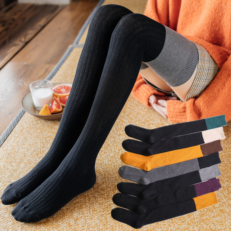 Spring and autumn double stitch color over kneecap stockings stockings women cotton socks high for leg socks Vertical Stripe College Wind days Ins-Taobao