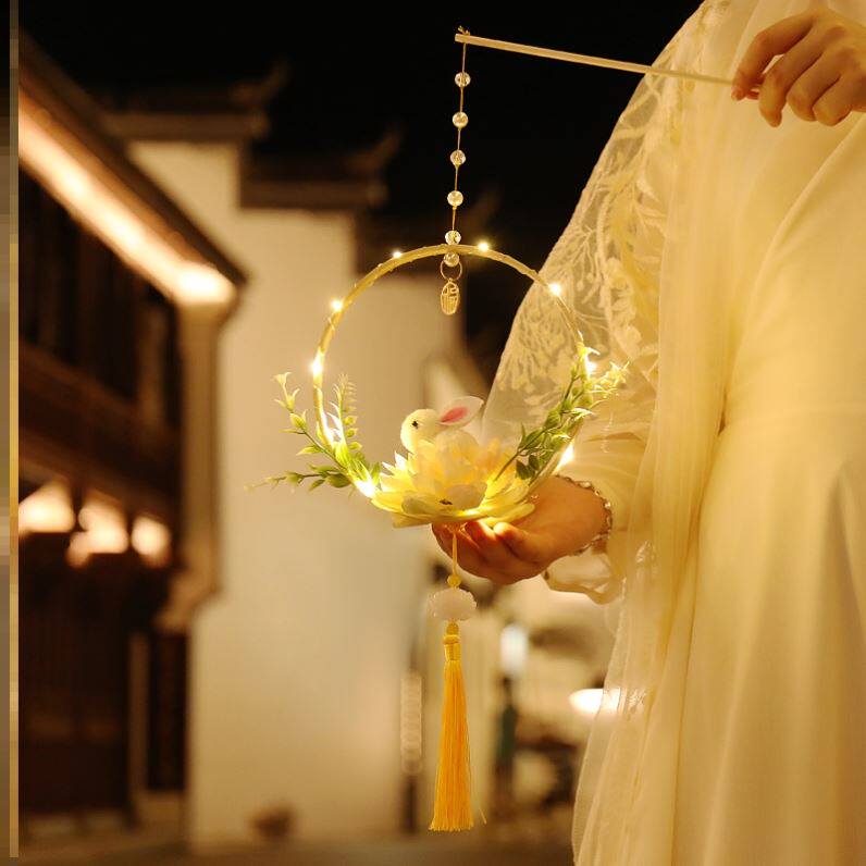 Mid-Autumn Festival Moon Rabbit Flowers Light Kindergarten Children Handmade Diy Material Jade Rabbit Hand Glowing Ancient Wind Toy