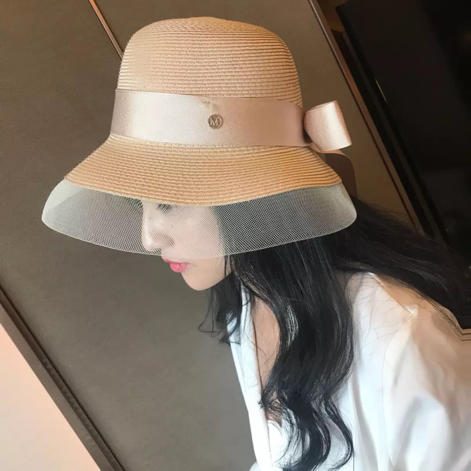 French summer elegant mesh stitching Hepburn wind fisherman straw hat female sunscreen sunshade sun hat big brim hat female