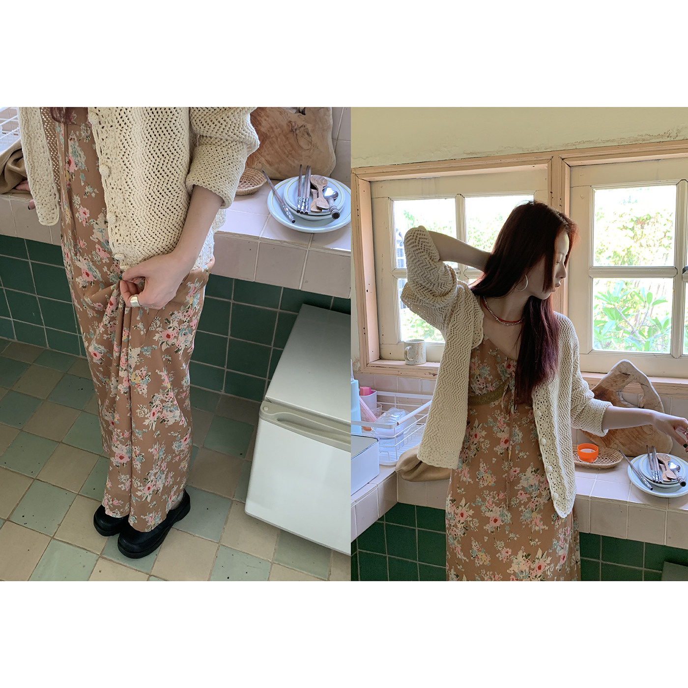 HelloooEat  法式复古碎花吊带连衣裙修身显瘦气质蕾丝花边中长裙