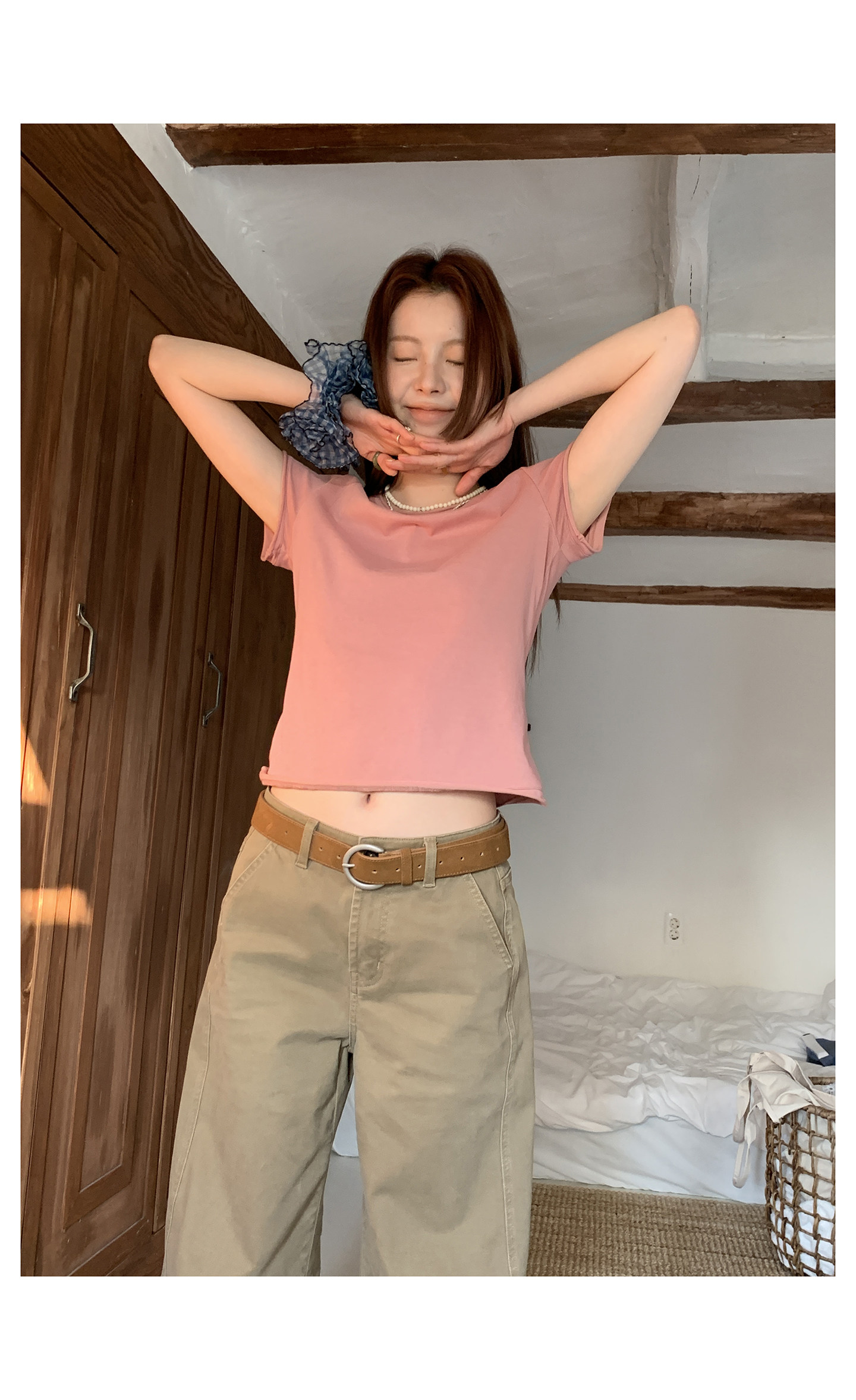 HelloooEat 多色基础款卷边显瘦T恤春夏休闲圆领套头百搭短袖上衣