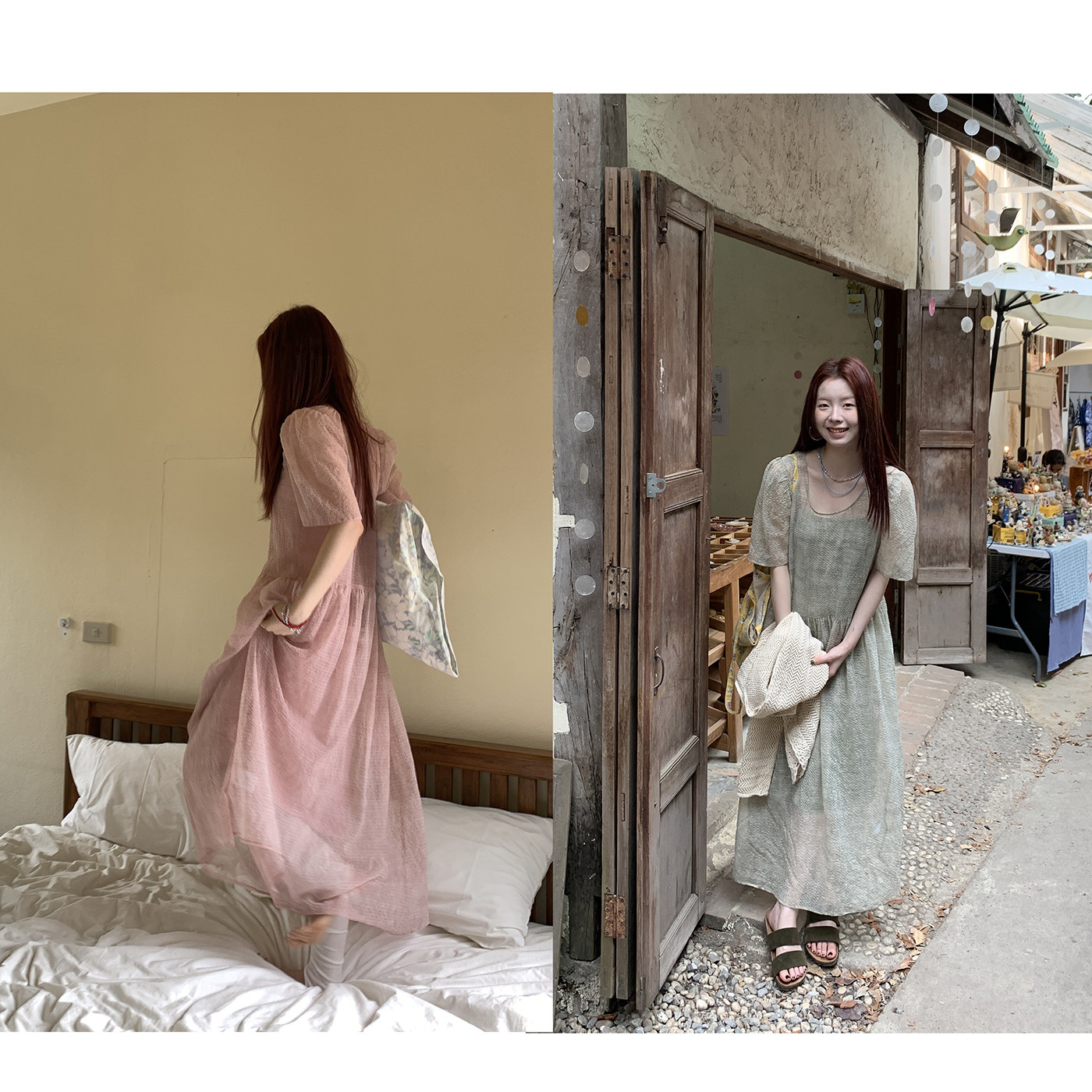 HelloooEat Красивое освежающее двухкомпонентное платье из шифона с пышными рукавами в корейском стиле свободного кроя для отдыха