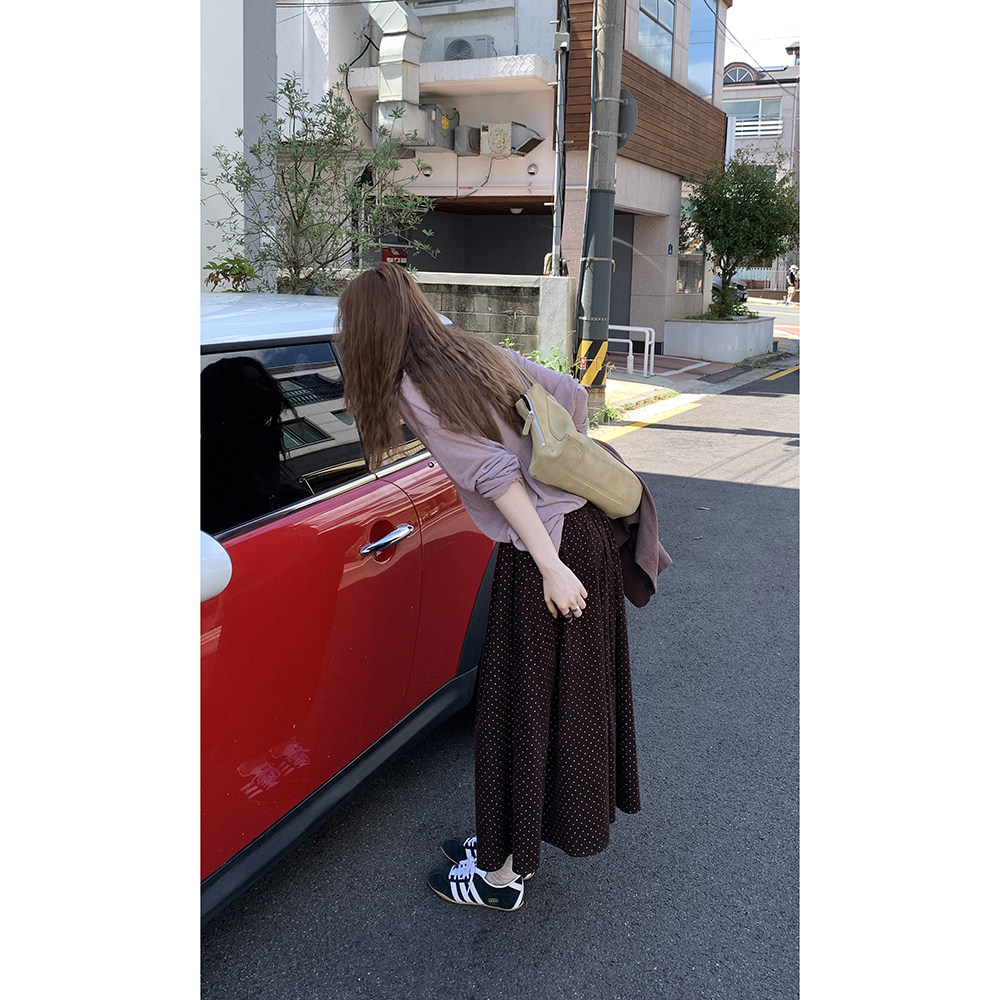 HelloooEat японская винтажная юбка в горошек осенняя коричневая универсальная стройнящая А-силуэта средней длины