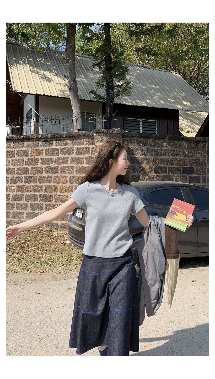 HelloooEat льняная юбка А-силуэта с контрастной отделкой джинсового цвета в винтажном стиле