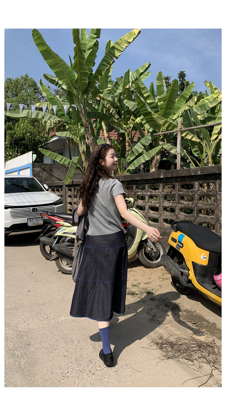 HelloooEat льняная юбка А-силуэта с контрастной отделкой джинсового цвета в винтажном стиле