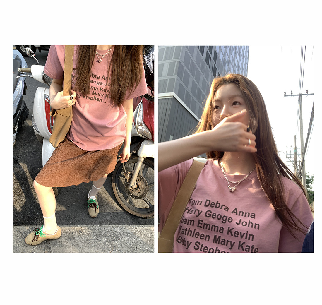 Hellooo Eat двухцветная футболка с принтом букв весна 2025 свободная универсальная винтажная с круглым вырезом короткий рукав