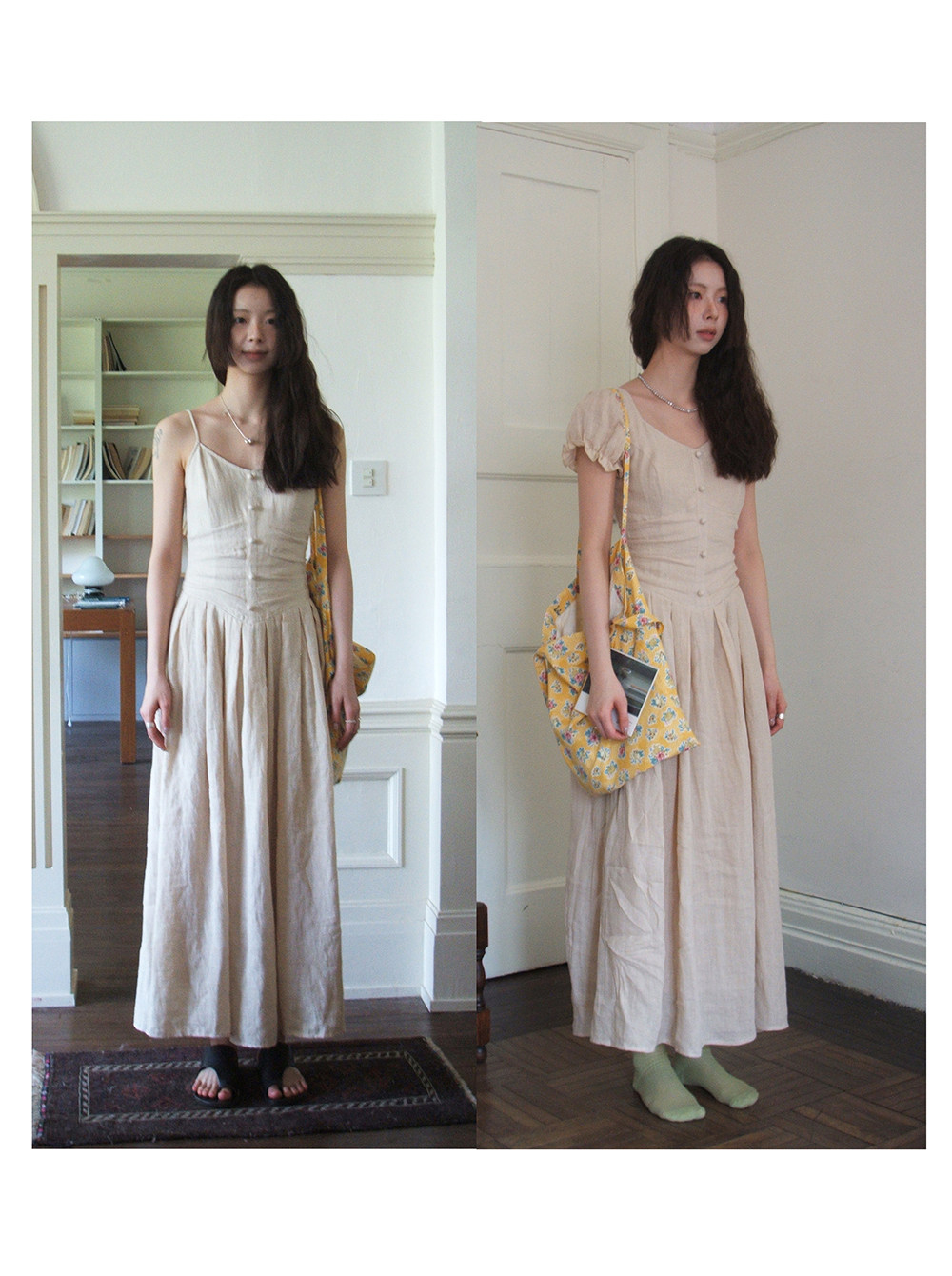 Hellooo Eat 100%亚麻气质吊带连衣裙2025夏季法式复古短袖中长裙