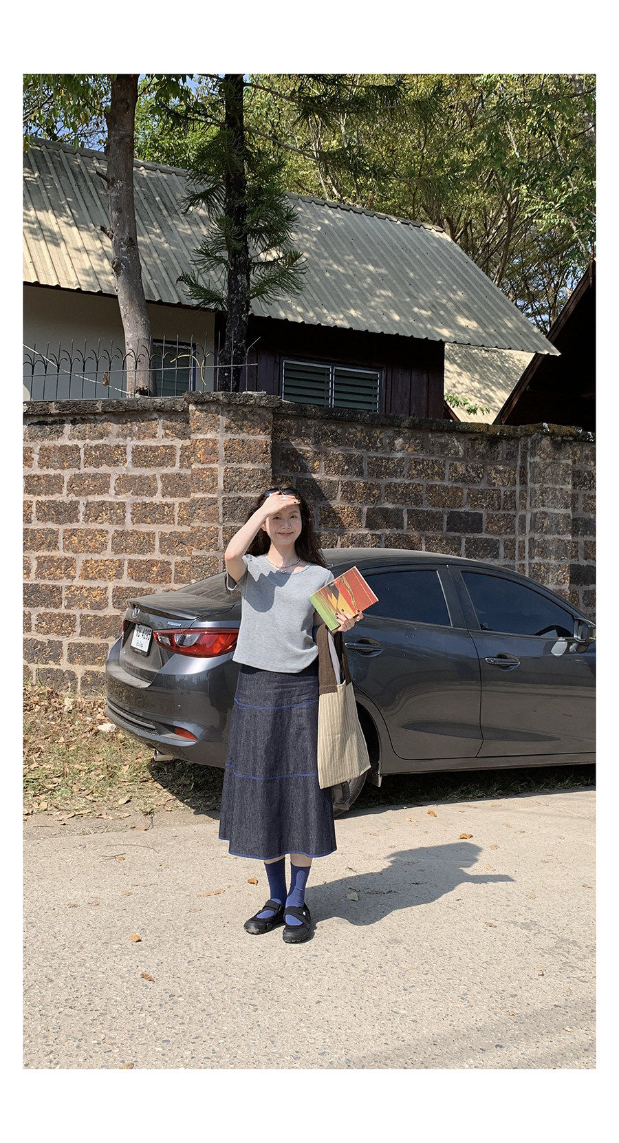 HelloooEat льняная юбка А-силуэта с контрастной отделкой джинсового цвета в винтажном стиле