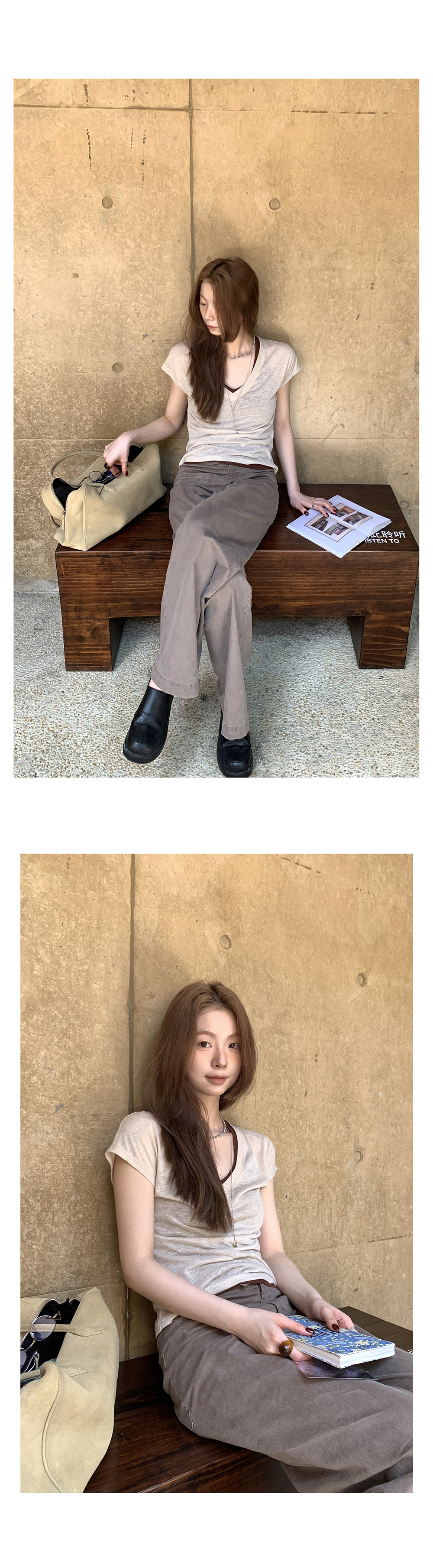 Hellooo Eat эластичная приталенная футболка с V-образным вырезом из полиэстера и льна