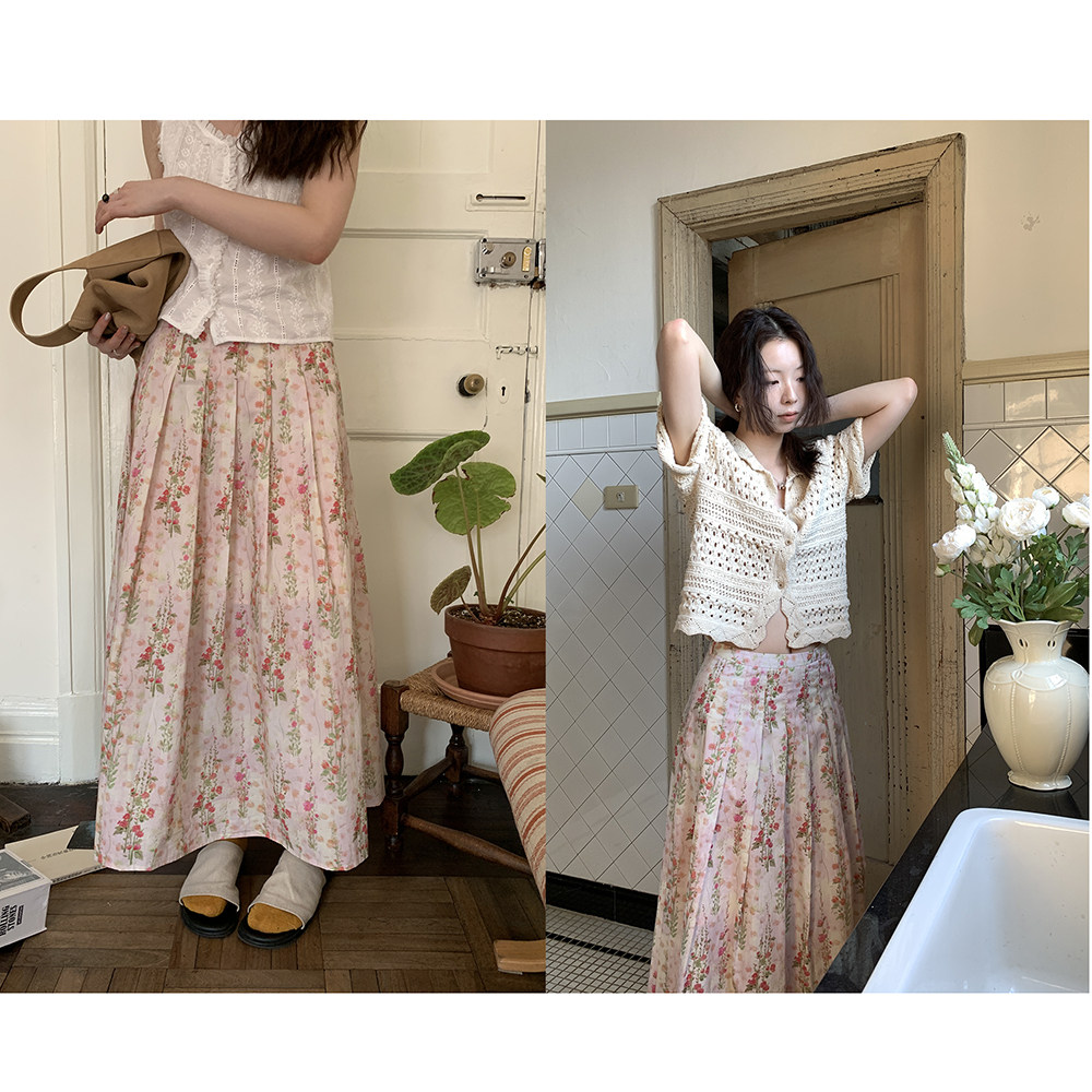 Hellooo Eat французская винтажная юбка с цветочным принтом 2025 летняя элегантная плиссированная юбка средней длины для женщин