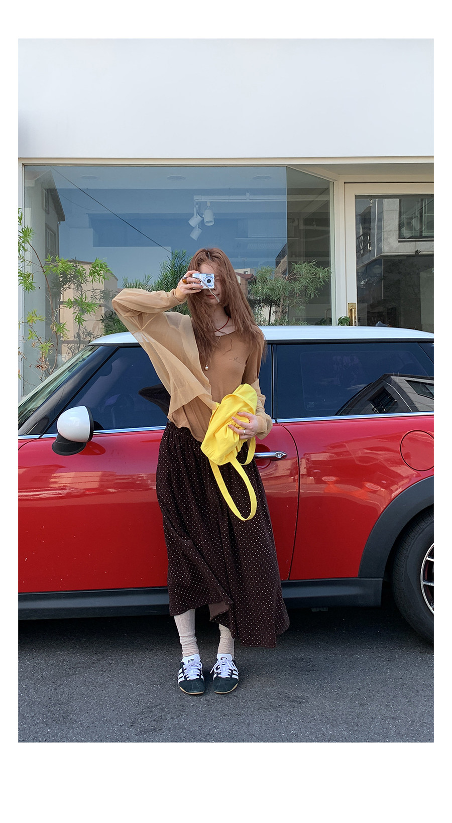 HelloooEat японская винтажная юбка в горошек осенняя коричневая универсальная стройнящая А-силуэта средней длины