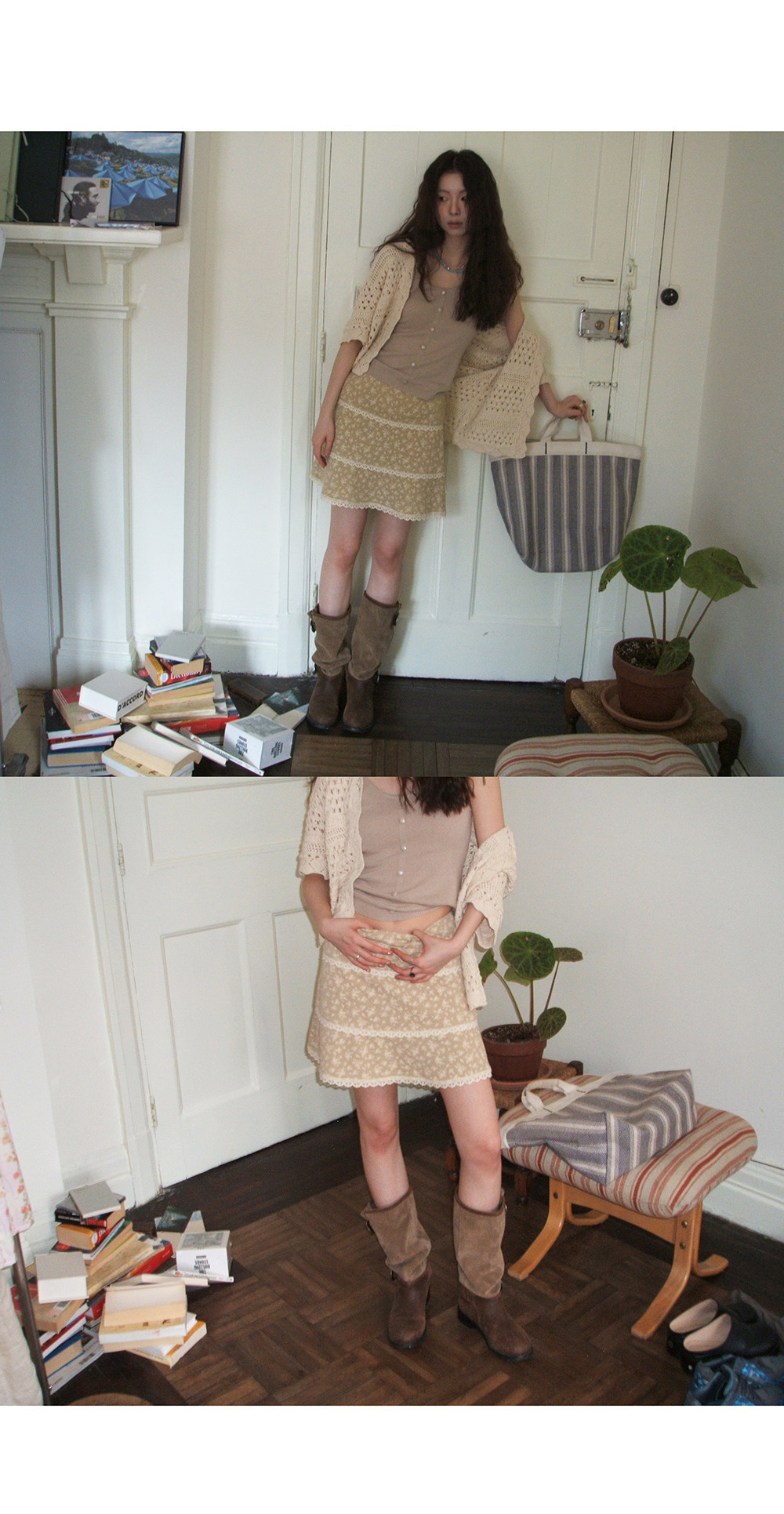 Hellooo Eat винтажная юбка-трапеция с цветочным принтом и кружевными вставками лето 2025