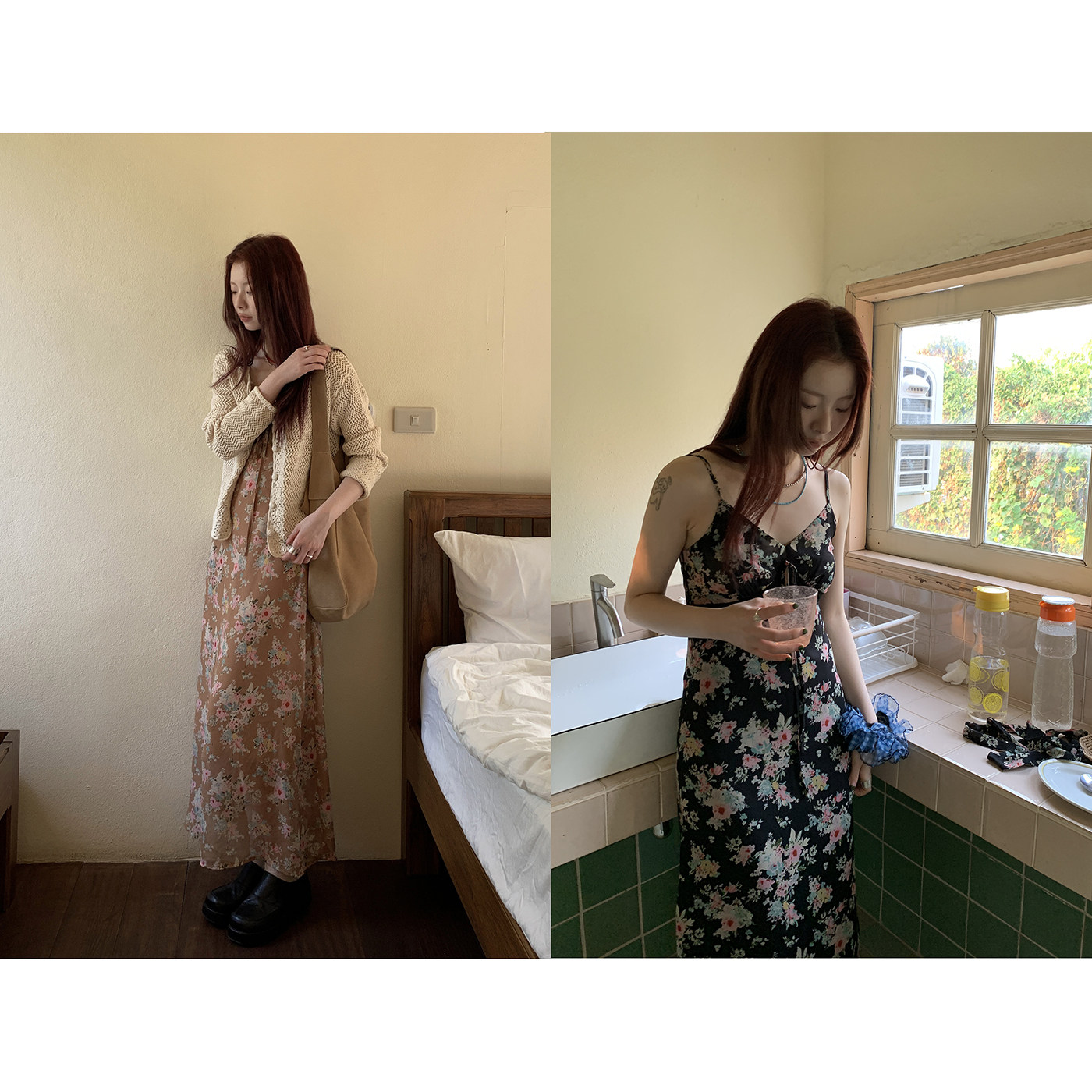 HelloooEat  法式复古碎花吊带连衣裙修身显瘦气质蕾丝花边中长裙