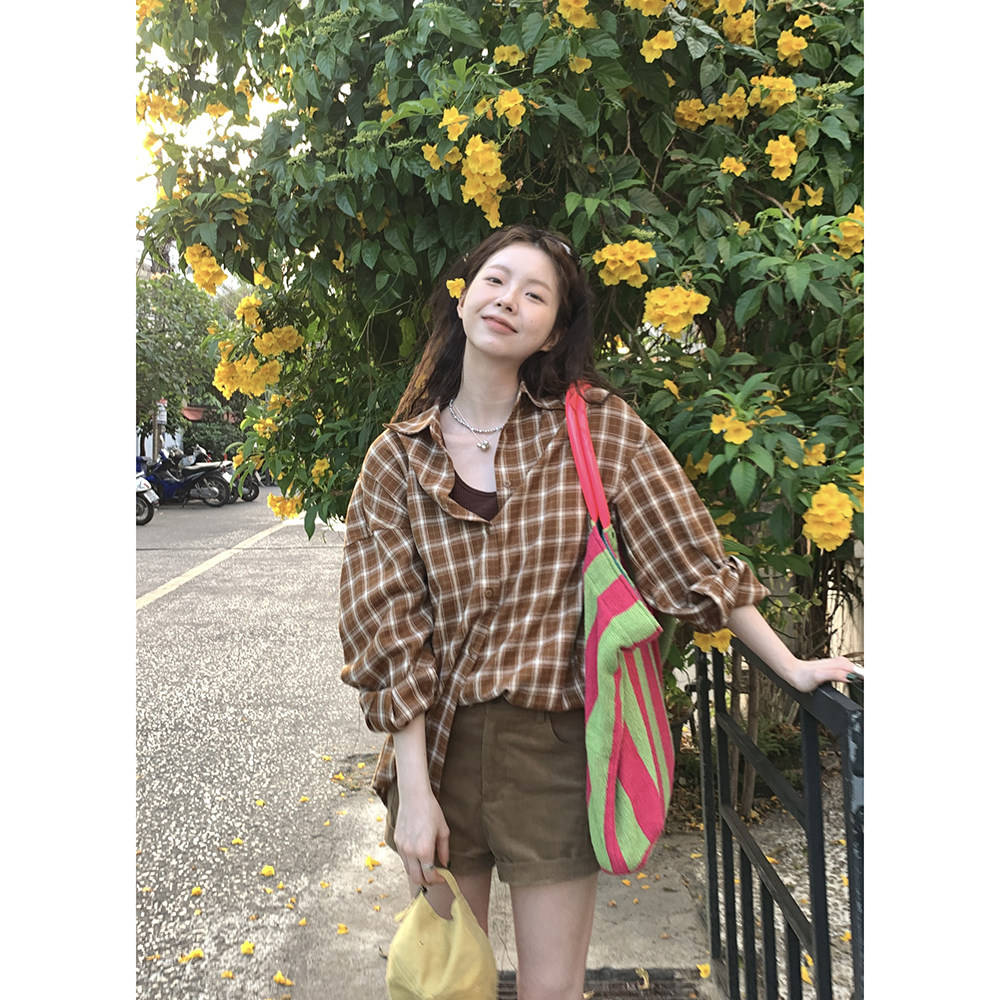 HelloooEat ретро универсальная рубашка в желтую клетку ранняя весна корейский стиль свободная повседневная стройнящая куртка на пуговицах