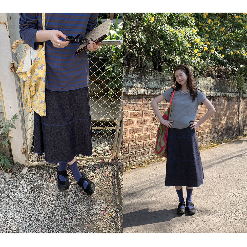 HelloooEat льняная юбка А-силуэта с контрастной отделкой джинсового цвета в винтажном стиле