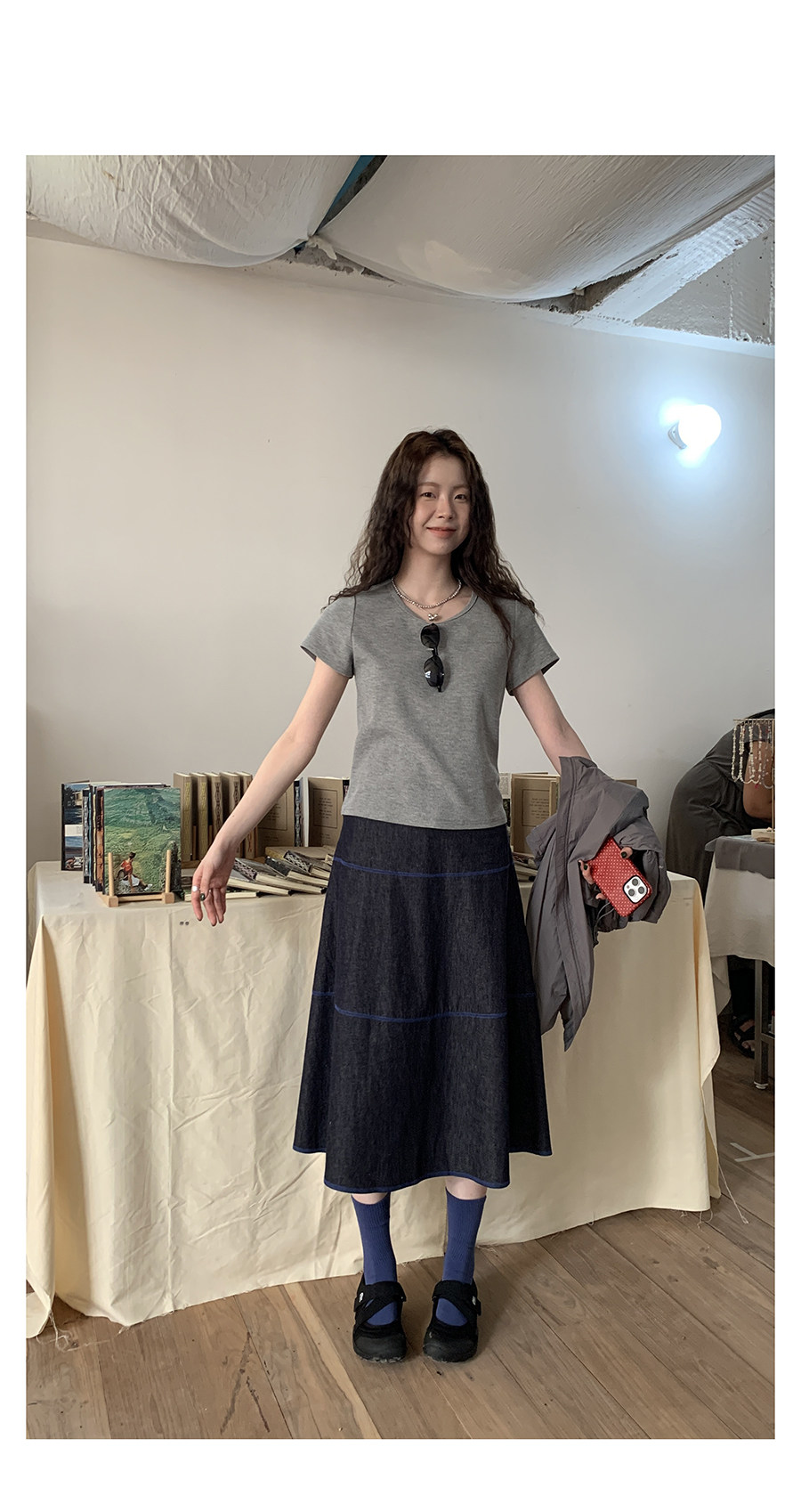 HelloooEat льняная юбка А-силуэта с контрастной отделкой джинсового цвета в винтажном стиле