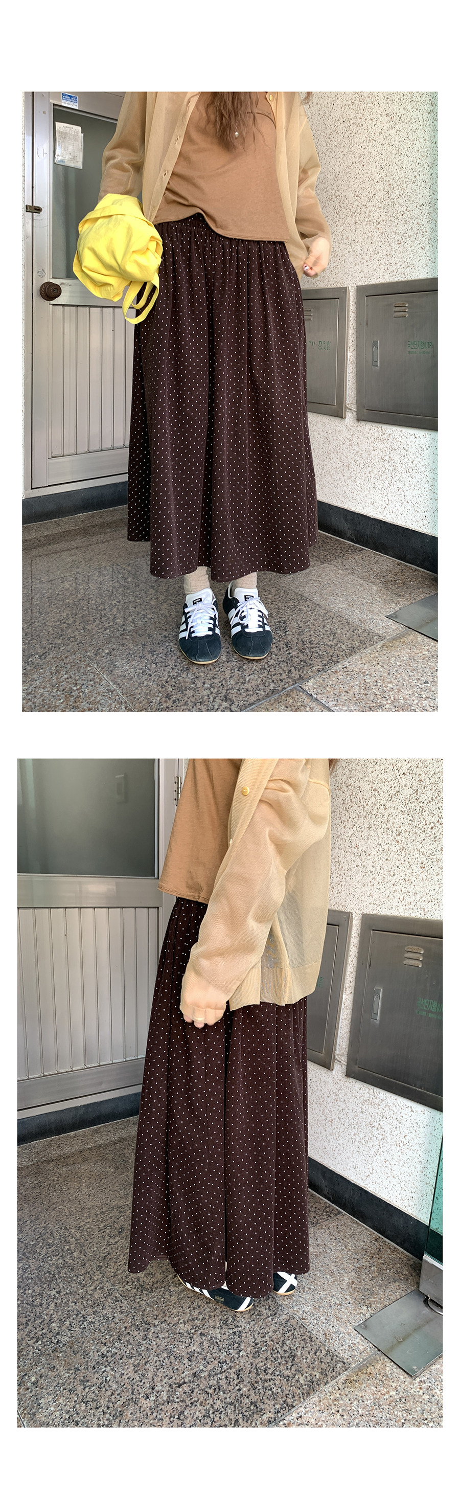 HelloooEat японская винтажная юбка в горошек осенняя коричневая универсальная стройнящая А-силуэта средней длины