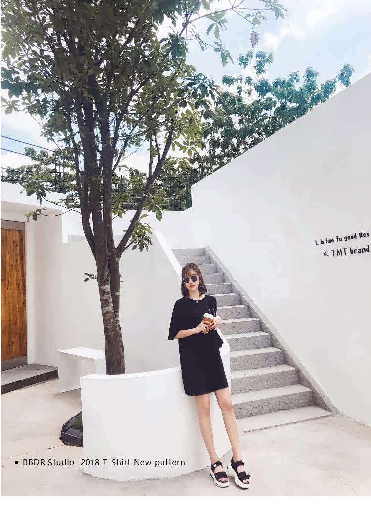 下衣失踪英文T恤短袖女2018新款中长纯棉bf风