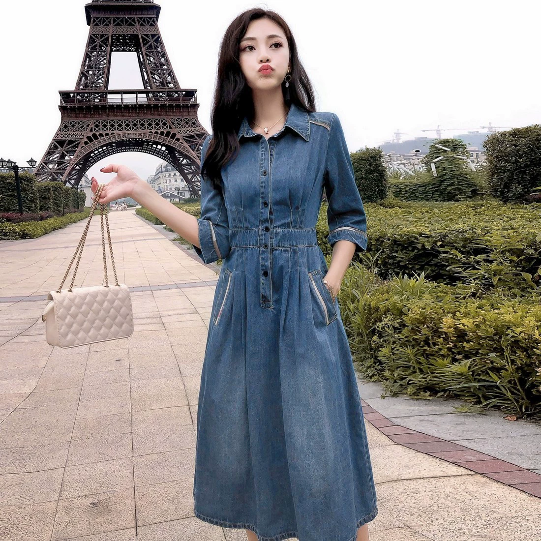 Mùa xuân và mùa thu giữa mùa xuân năm 2021 nữ mới Hàn Quốc giản dị eo cao eo cao váy denim ba phần tư tay áo - Váy eo cao