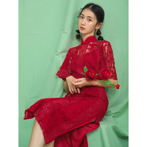 Wine red toast dress bride summer lace cheongsam Wedding dress Female engagement young girl Chinese style back door