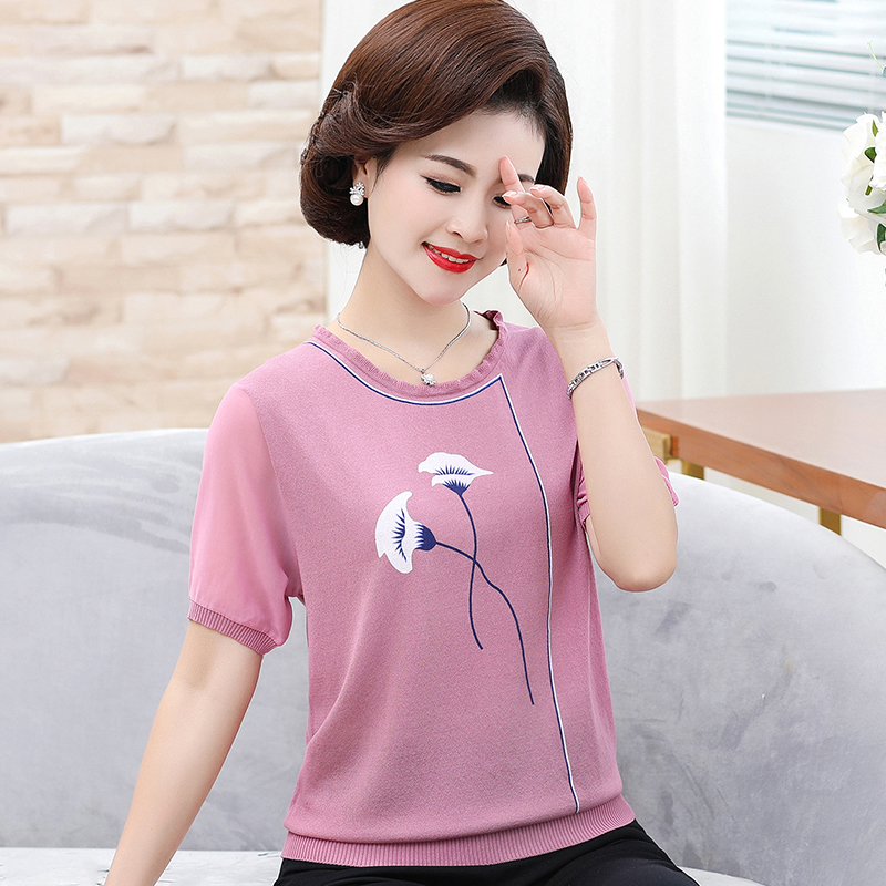 Mom's short-sleeved Western style ice silk T-shirt summer ladies loose knitted sweater middle-aged and elderly large size clothes