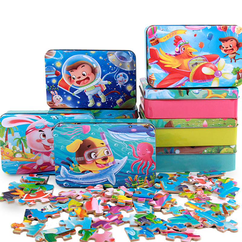 12 zodiac 60 pieces iron box wooden three-dimensional puzzle young children baby educational building wooden toys 3-4-5-6 years old