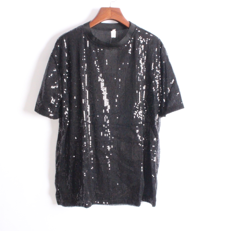 Summer New Style Black Sequin Shiny Plus-Size Internet Celebrity Loose Short-Sleeve T-Shirt Men's Performance Outfit Top Men's Performance Clothing