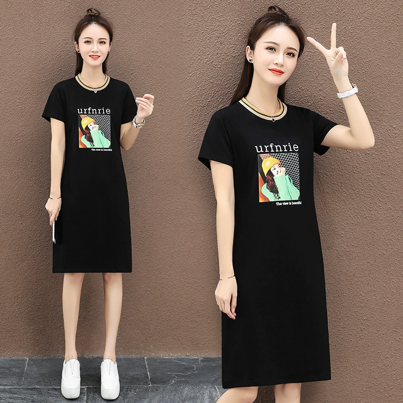 2020 váy mới giản dị của phụ nữ body-length mid-length thời trang áo thun cotton che bụng A-line - A-Line Váy