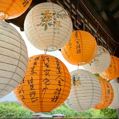 Paper lanterns, ancient-style hanging decorations, Chinese-style printed lampshades, outdoor scene arrangements, tea house around a stove, Mid-Autumn Festival hanging decorations