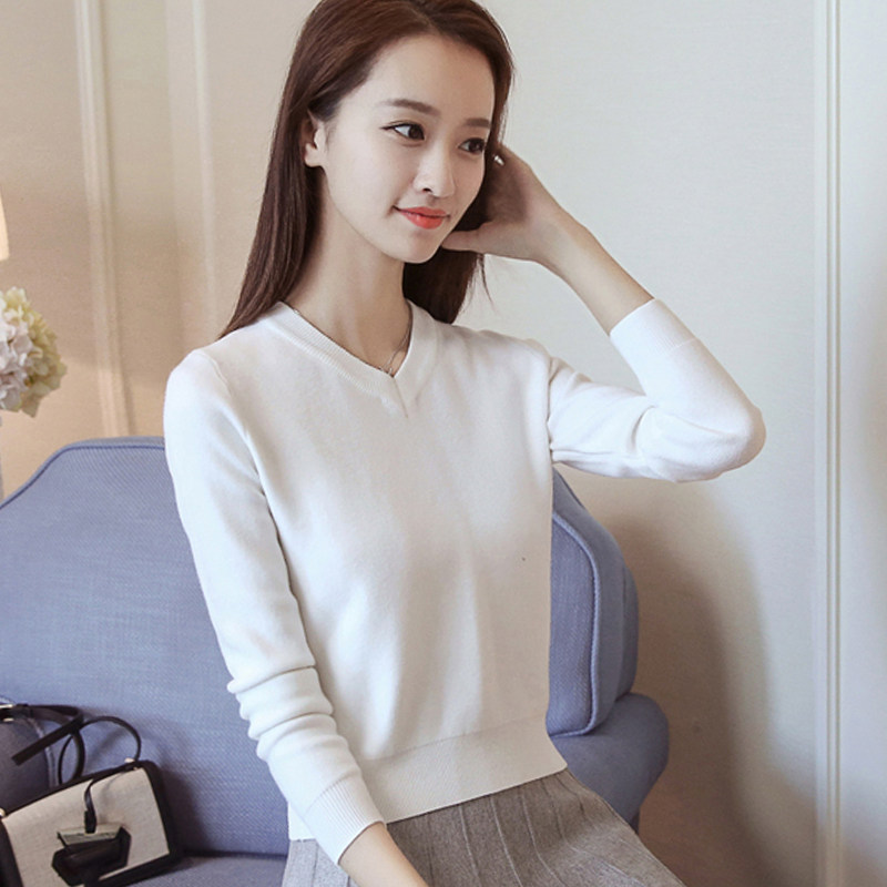 Small short white V-neck knitted top base shirt women's spring 2021 new Western high-waisted sweater