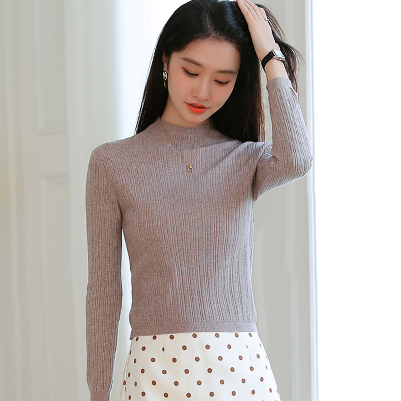 Half-height collar knit undershirt lady long sleeve early spring dress slim fit 100 lap fit small fur coat short jacket