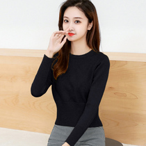 Black small short sweater women autumn winter 2021 new Joker high waist slim round neck knitted base shirt