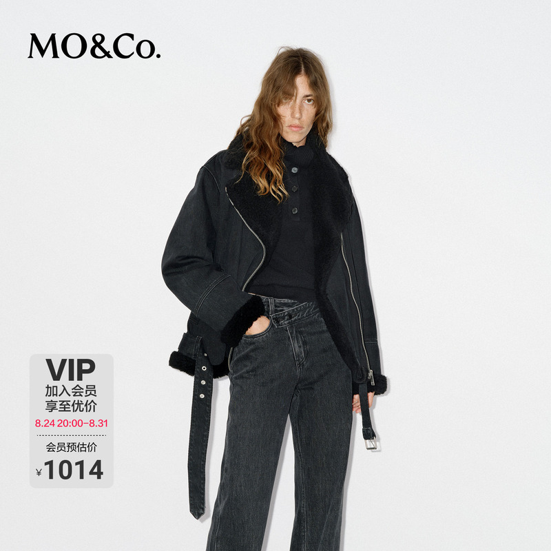 Moco Jacket, Cotton Black Denim Biker Jacket, Washed Teddy Fleece, Light Punk Style with Belt, Moanke Moco Jacket, Cotton Black Denim Biker Jacket, Washed Teddy Fleece, Light Punk Style with Belt, Moanke