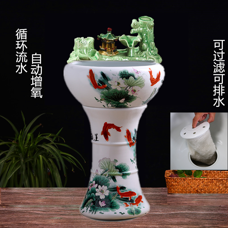 Ceramic floor-column fish tank pipewater fountain sleeping lotus basin large fish tub turtle bowl household scenery