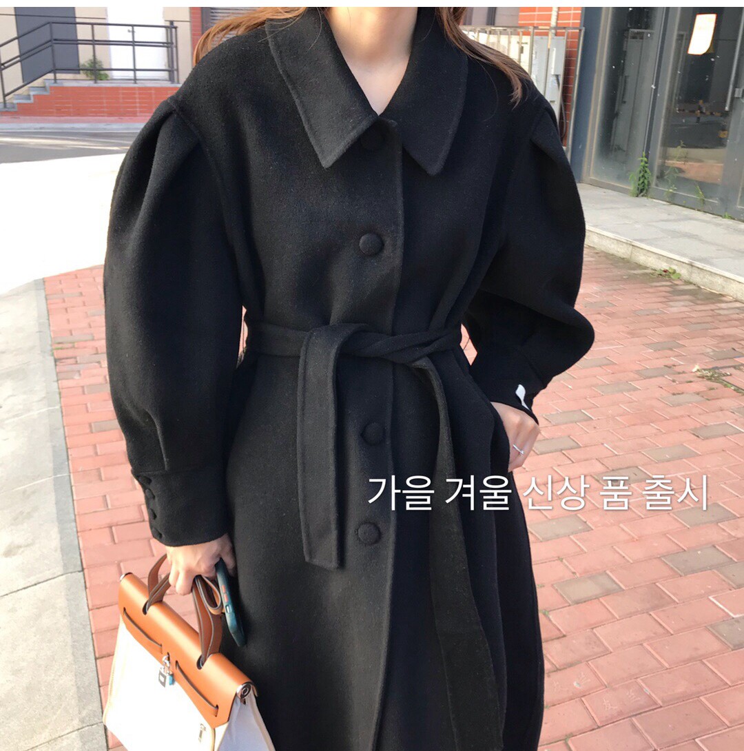 Puff sleeves double-sided cashmere coat women's long version 2021 new loose bag buckle hand-stitched double-sided tweed coat