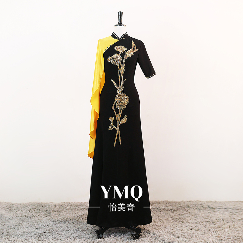 High-End Improved Cheongsam Performance Dress for Women, Long, Stretchy, Slimming, Banquet Fashion, Runway Show Dress, Chinese Style, Black