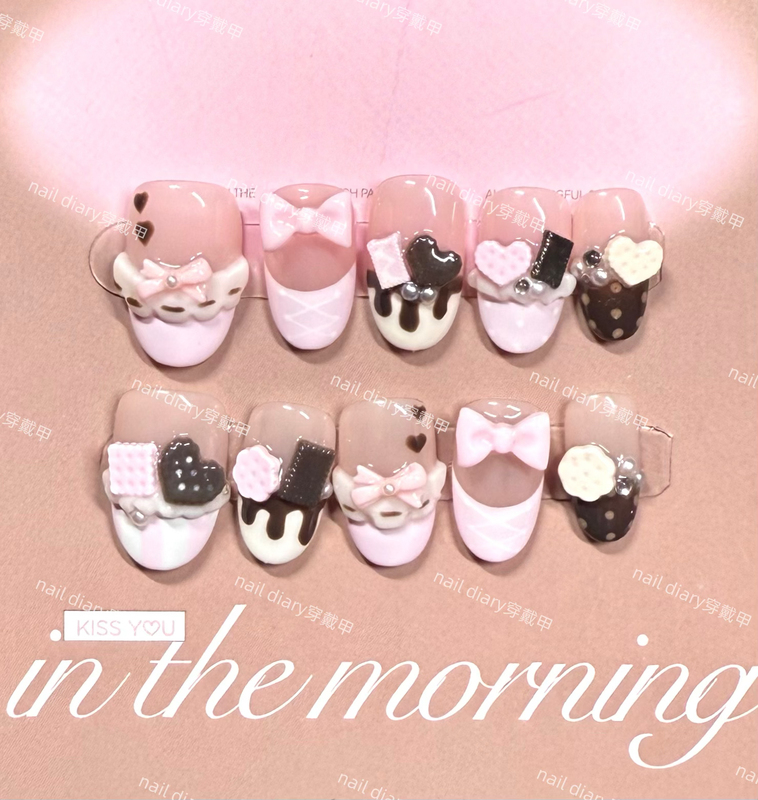 Original Vintage Handmade Super Cute Cartoon Wearable Nails, 3D Squishy, Brightening Effect, ins Style Short Nail Art