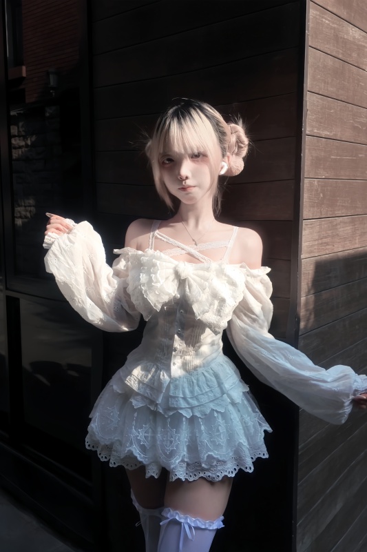 Girl and Sakura Original [Pure Jasmine Long Sleeve Style] Ancient Japanese Style Lace Bow White Flower Set