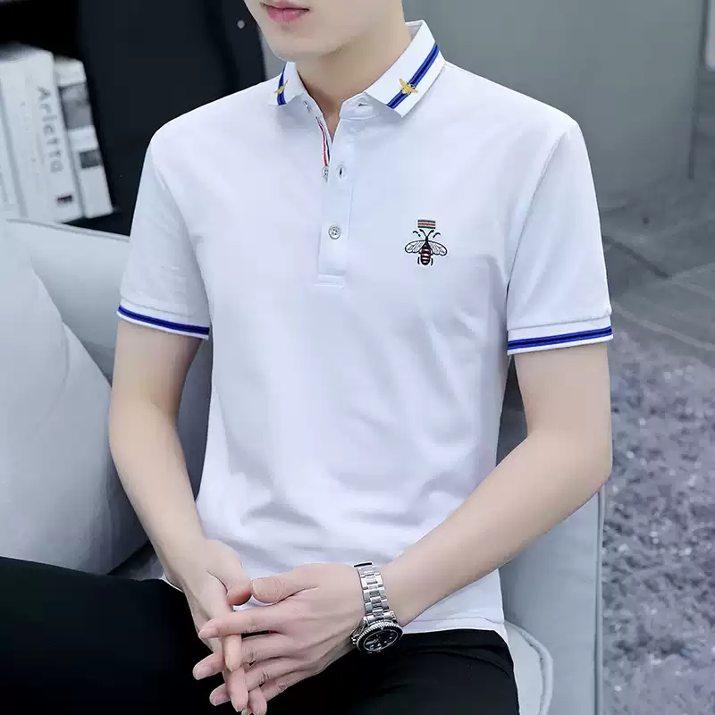Bee Embroidery Polo Shirt Men's Short-Sleeved Summer Trendy Pure Cotton Stylish Slim Fit Ice Silk Lapel Shirt Men's T-Shirt